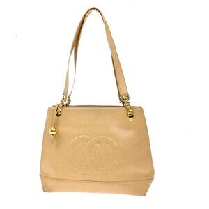 CHANEL CC Logo Chain Shoulder Bag Grained Calfskin Leather Beige Italy 680RP055